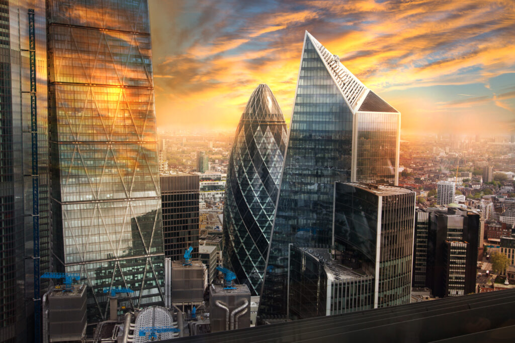City of London, UK. Skyline view of the famous financial bank di